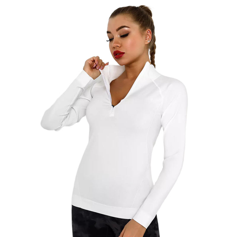 White Quick Dry Zipper Knit Tight Yoga Tops TQE91363-1