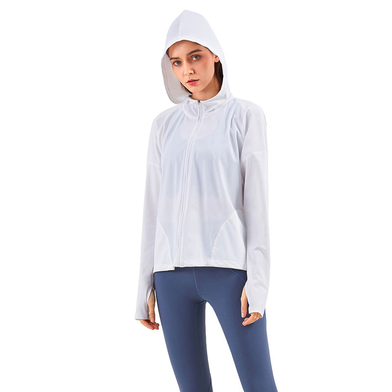 White Zipper Hooded Loose Sports Yoga Jacket TQE37029-1