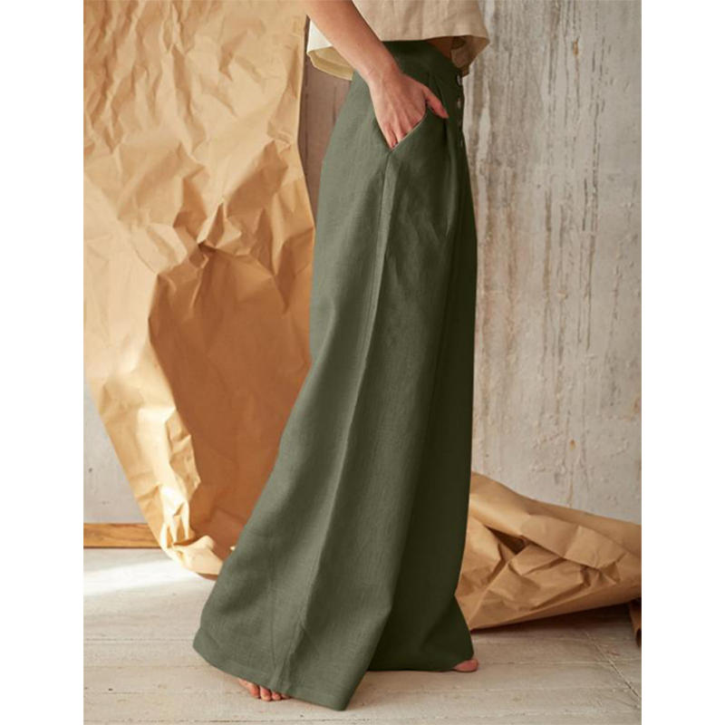 Army Green Cotton Linen Button High Waist Wide Leg Pants TQV510049-27