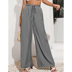 Gray Elastic Lace-up Waist Wide Leg Pants TQV510029-11