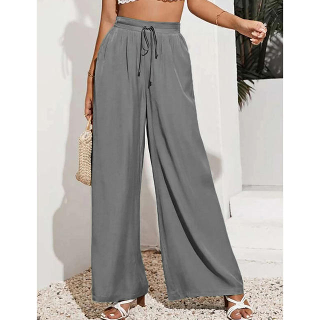 Gray Elastic Lace-up Waist Wide Leg Pants TQV510029-11