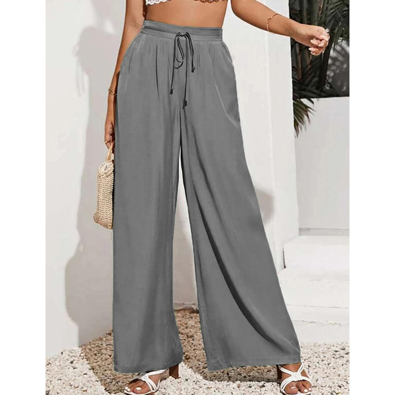 Gray Elastic Lace-up Waist Wide Leg Pants TQV510029-11