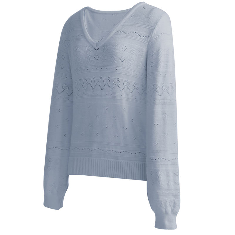 Blue V Neck Hollow-out Long Sleeve Sweater TQV270058-5