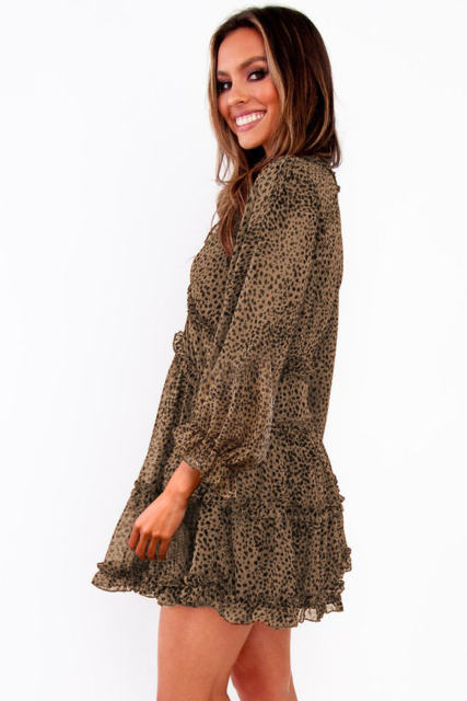 Leopard Ruffle Detailing Open Back Floral Dress LC220829-20