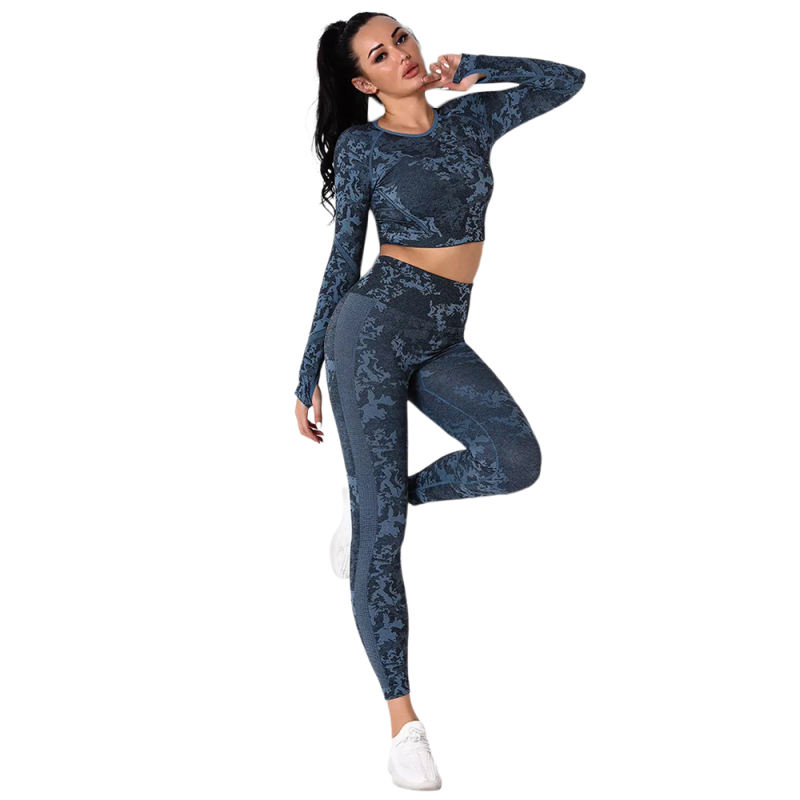 Blue Camo Knit Seamless Long Sleeve Pant Yoga Set TQE91362-5