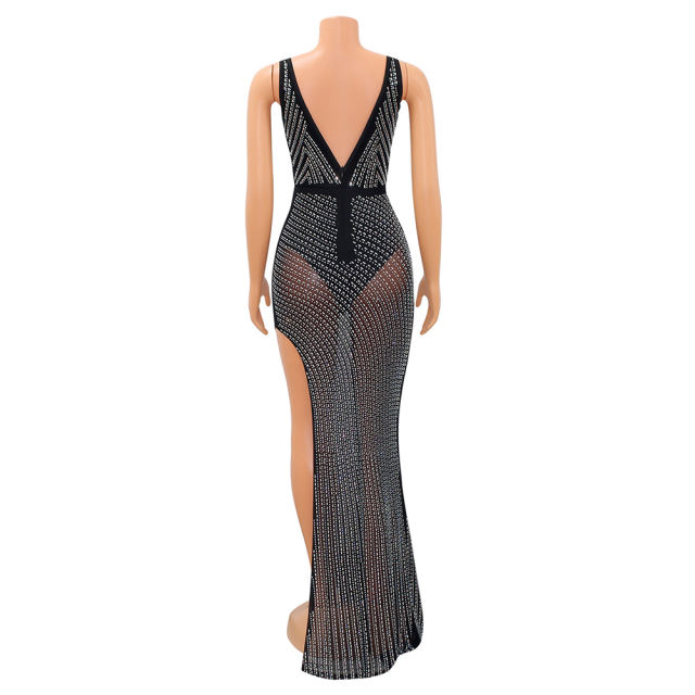 Black Rhinestone High Split V Neck Maxi Dress TQK311265-2