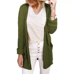 Army Green Waffle Knit Cardigan with Pockets TQK271081-27