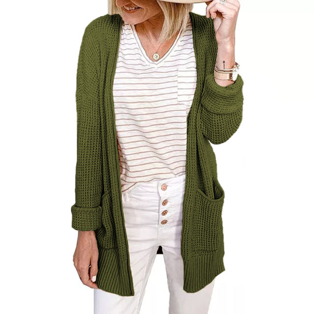 Army Green Waffle Knit Cardigan with Pockets TQK271081-27