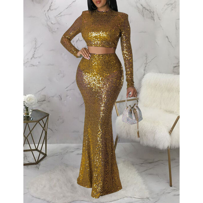 Gold Sequined Crop Top with Fishtail Skirt Set TQV810034-12