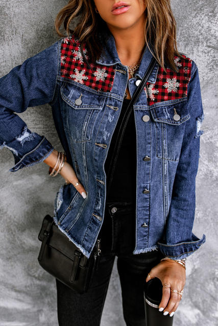 Blue Snowflake Plaid Patchwork Distressed Denim Jacket LC788257-5