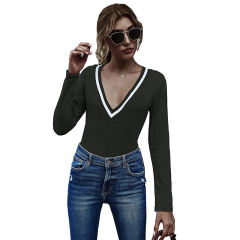 Army Green Cotton Blend V Neck Bodysuit TQK550198-27