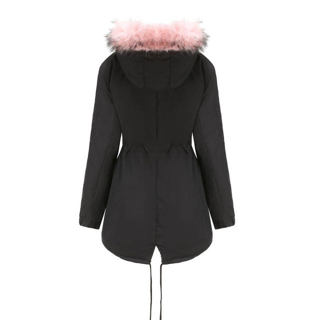Black Pink Fur Collar Drawstring Waist Warm Hooded Parka Coat TQK280130-2C