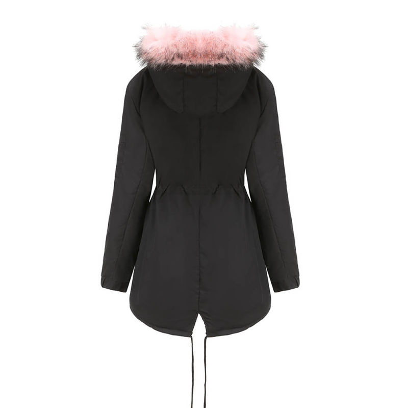 Black Pink Fur Collar Drawstring Waist Warm Hooded Parka Coat TQK280130-2C
