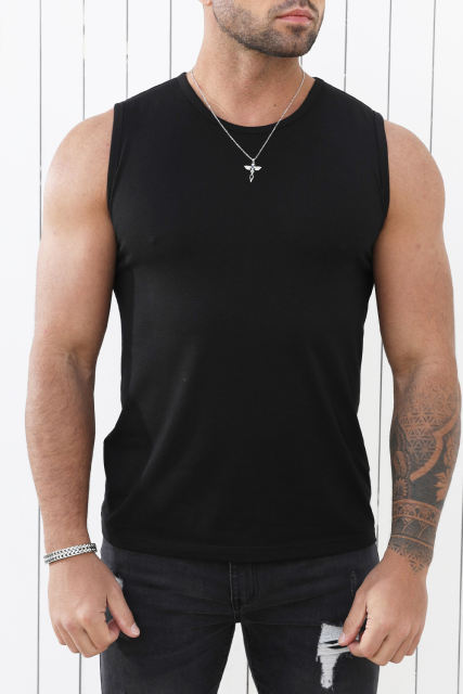 Black Solid O Neck Slim-fit Men\'s Tank Top MC256181-2