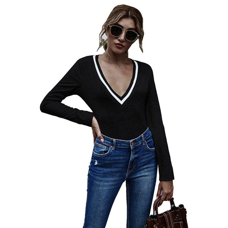 Black Cotton Blend V Neck Bodysuit TQK550198-2