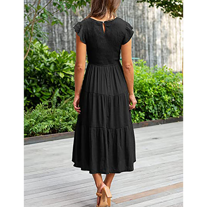 Black Ruffled Sleeve Pleated Layered Casual Dress TQV310008-2