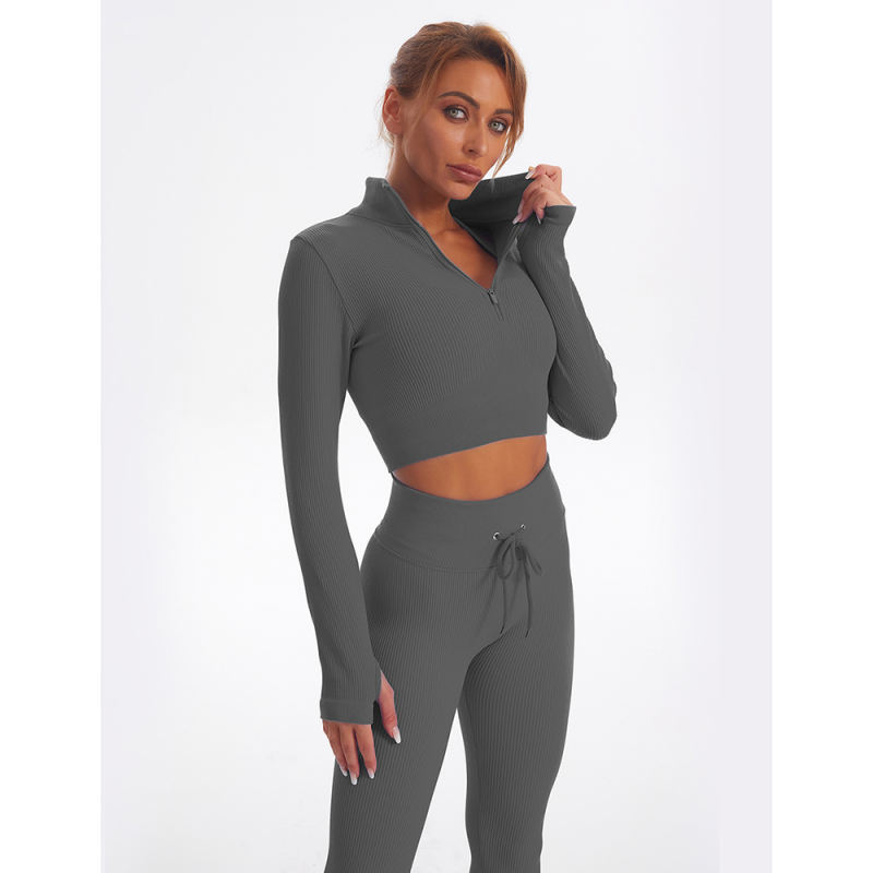 Gray Seamless Stand Collar Jacket with Pant Yoga Set TQK710415-11