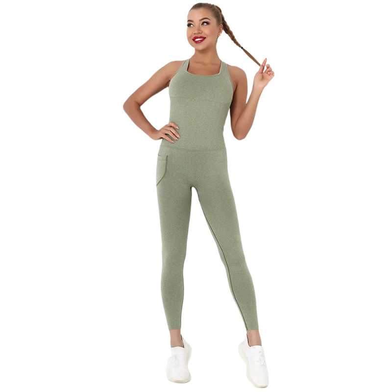 Army Green Back-Criss Seamless Yoga One Piece Jumpsuit TQE91567-27