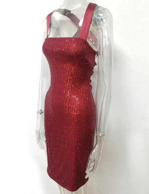 Burgundy  Halter Neck Slim Fit Sequined Dress TQK310963-23