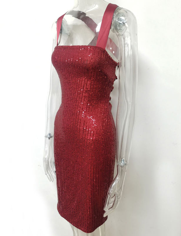 Burgundy  Halter Neck Slim Fit Sequined Dress TQK310963-23
