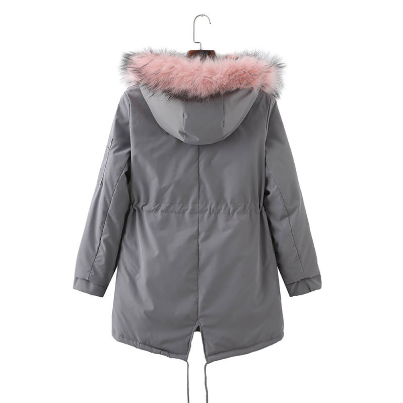 Gray Fur Collar Drawstring Waist Warm Hooded Parka Coat TQK280130-11