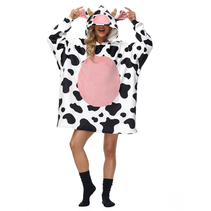 Black White Cow Cartoon Print Blanket Hoodie TQK230364-37