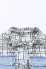 Sky Blue Plaid Patchwork Fringed Flap Pockets Denim Jacket LC854131-4