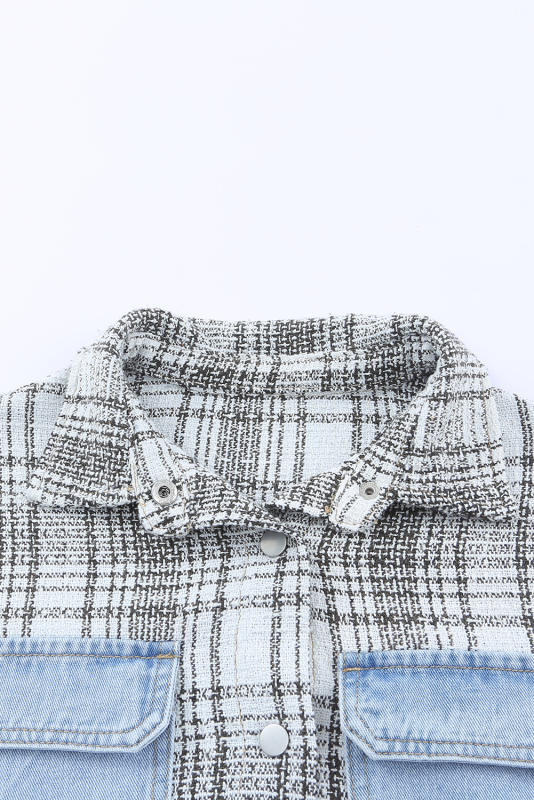 Sky Blue Plaid Patchwork Fringed Flap Pockets Denim Jacket LC854131-4