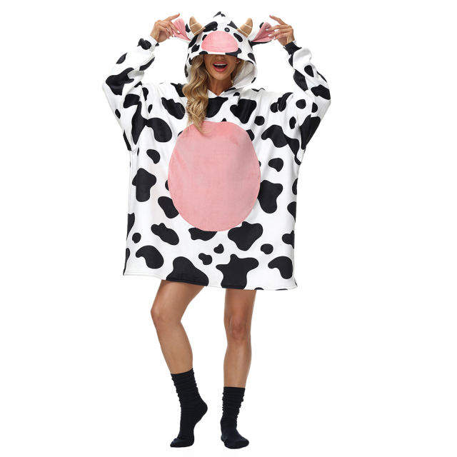 Black White Cow Cartoon Print Blanket Hoodie TQK230364-37