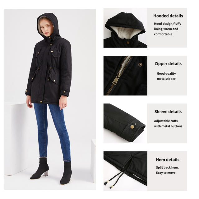 Black Waist Drawstring Plush Hooded Thick Parka Coat TQK280127-2