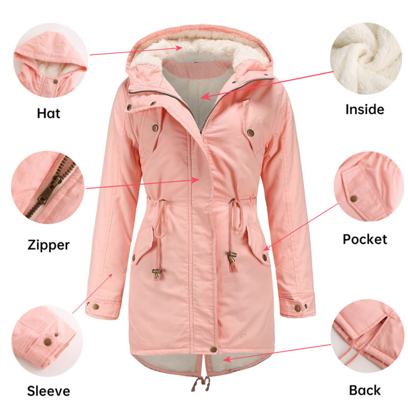 Pink Waist Drawstring Plush Hooded Thick Parka Coat TQK280127-10