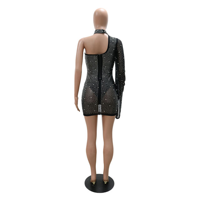 Black Rhinestone Perspective One Shoulder Bodycon Dress TQK310810-2