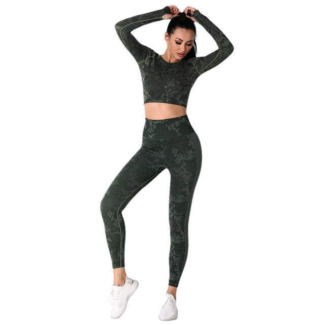 Army Green Camo Knit Seamless Long Sleeve Pant Yoga Set TQE91362-27