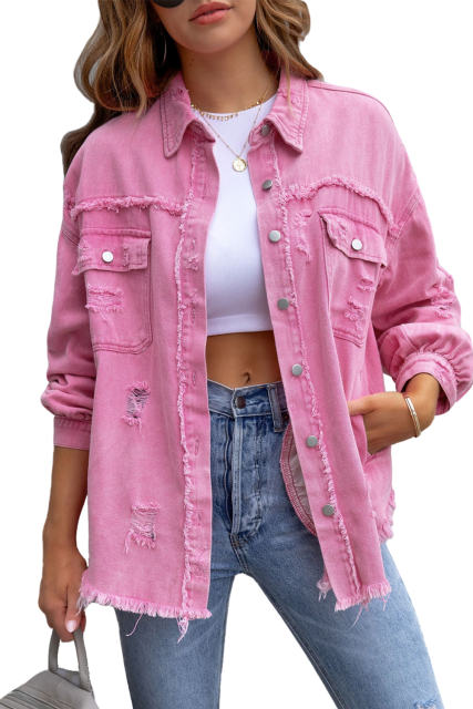 Pink Distressed Flap Pockets Raw Edge Denim Shacket LC788186-10