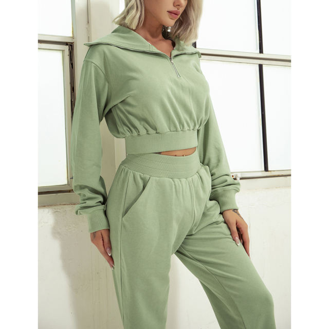 Green Zipper-up Cotton Sweatshirt with Pant Sports Set TQE91573-9