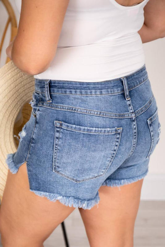 Plus Size Frayed Button Fly Denim Shorts with Slits  LC783457-4