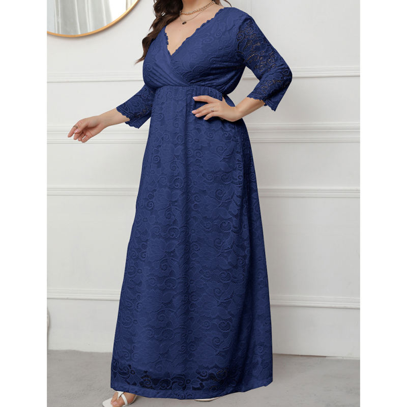 Navy Blue V-Neck Lace Plus Size Dress TQK310997-34