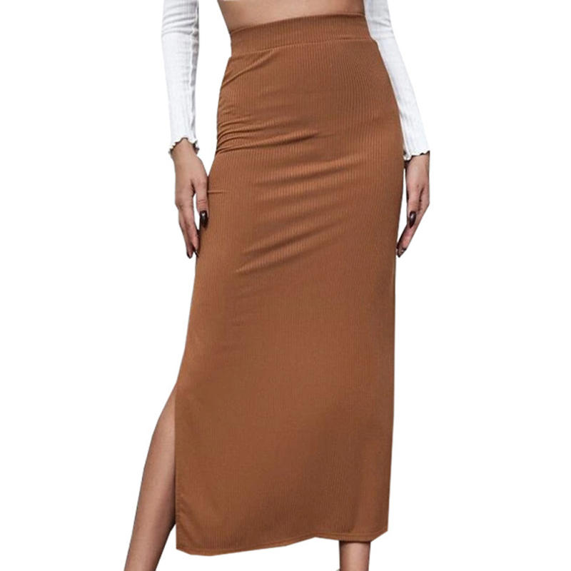 Brown Solid Split Bodycon Maxi Skirt TQV360058-17