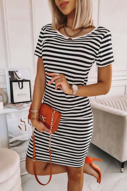 Striped Short Sleeve Midi T Shirt Dress LC619827-19