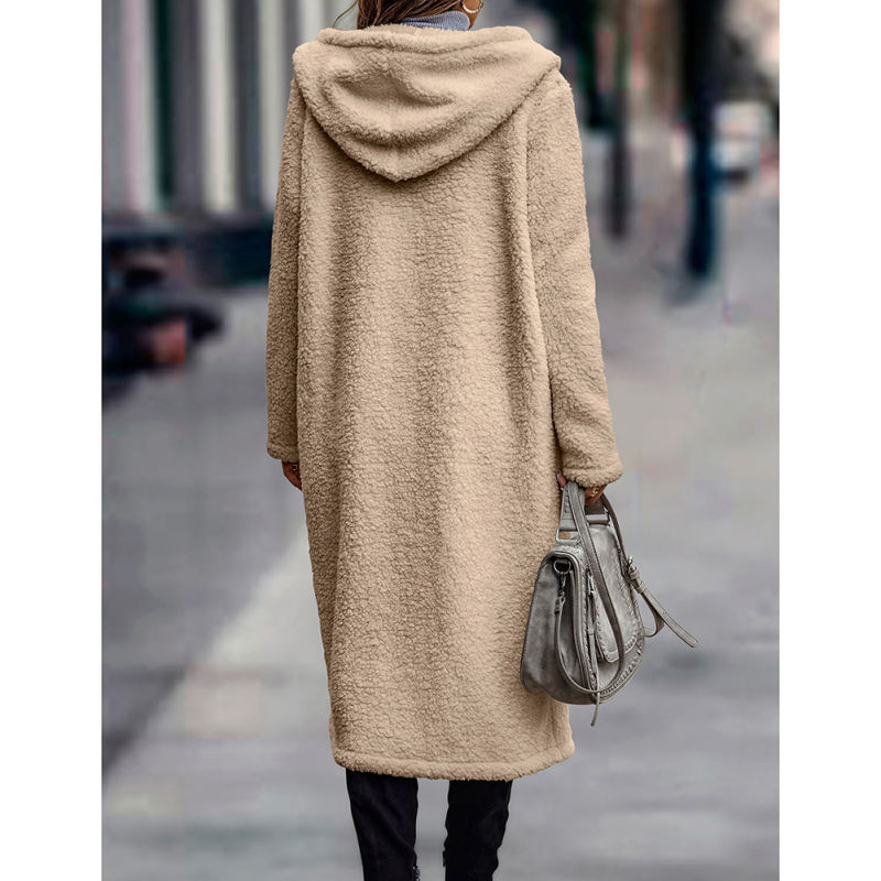Apricot Open Front Long Sleeve Hooded Fleece Coat TQK280217-18