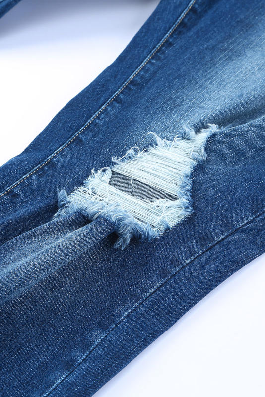 Blue Medium Wash Button Fly Distressed Plus Size Jeans PL787021-5
