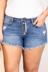 Plus Size Frayed Button Fly Denim Shorts with Slits  LC783457-4