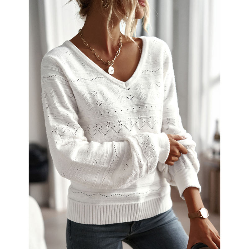 White V Neck Hollow-out Long Sleeve Sweater TQV270058-1