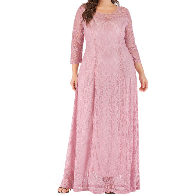 Pink 3/4 Sleeve Crew Neck Lace Plus Size Dress TQK310977-10