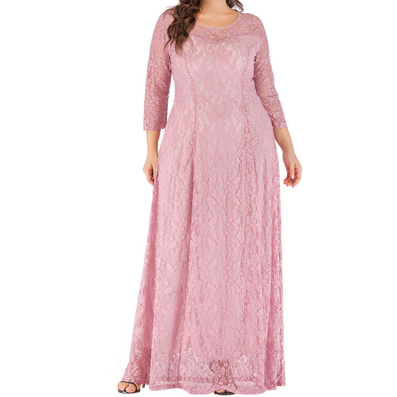 Pink 3/4 Sleeve Crew Neck Lace Plus Size Dress TQK310977-10
