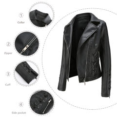 Black Zipper &amp; Bandage PU Leather Jacket TQK280142-2