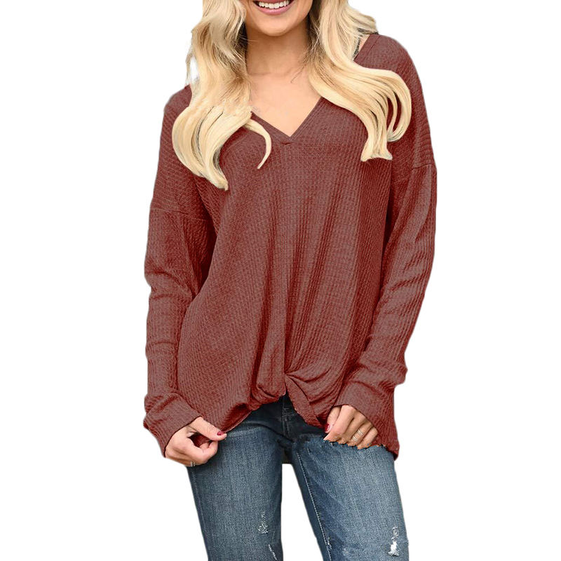 Rust Red V Neck Front Twist Long Sleeve Tops TQK210183-33