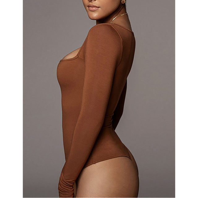 Brown Square Neck Long Sleeve Bodysuit TQK550262-17