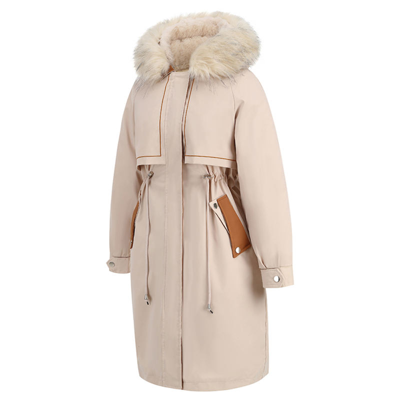 Apricot Zipper Plush Collar Parker Thick Coat 2pcs Set  TQK280219-18