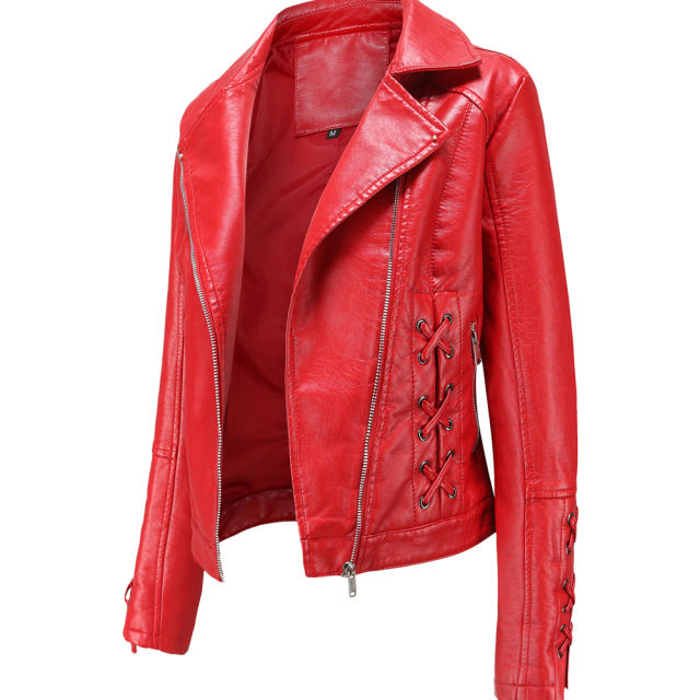 Red Zipper &amp; Bandage PU Leather Jacket TQK280142-3